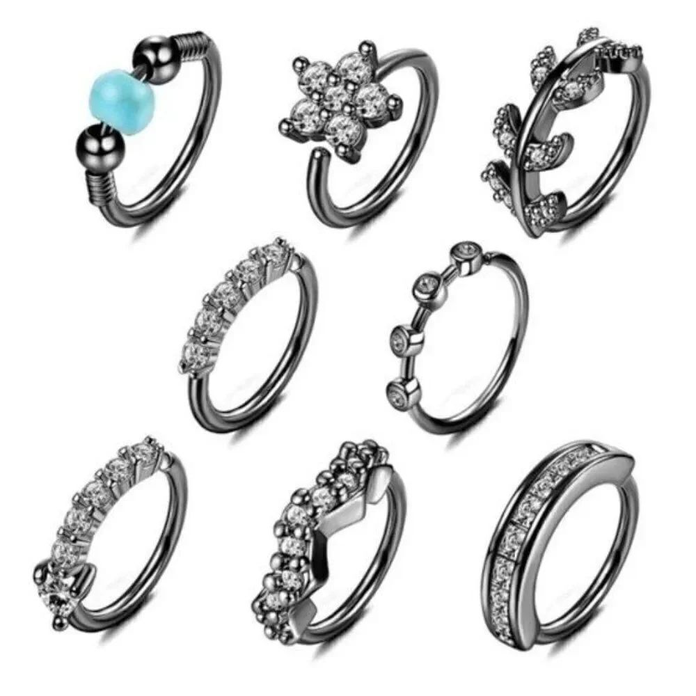 20G 316L Stainless Steel and Black with Cubic Zirconia Nose Rings - Set of 8